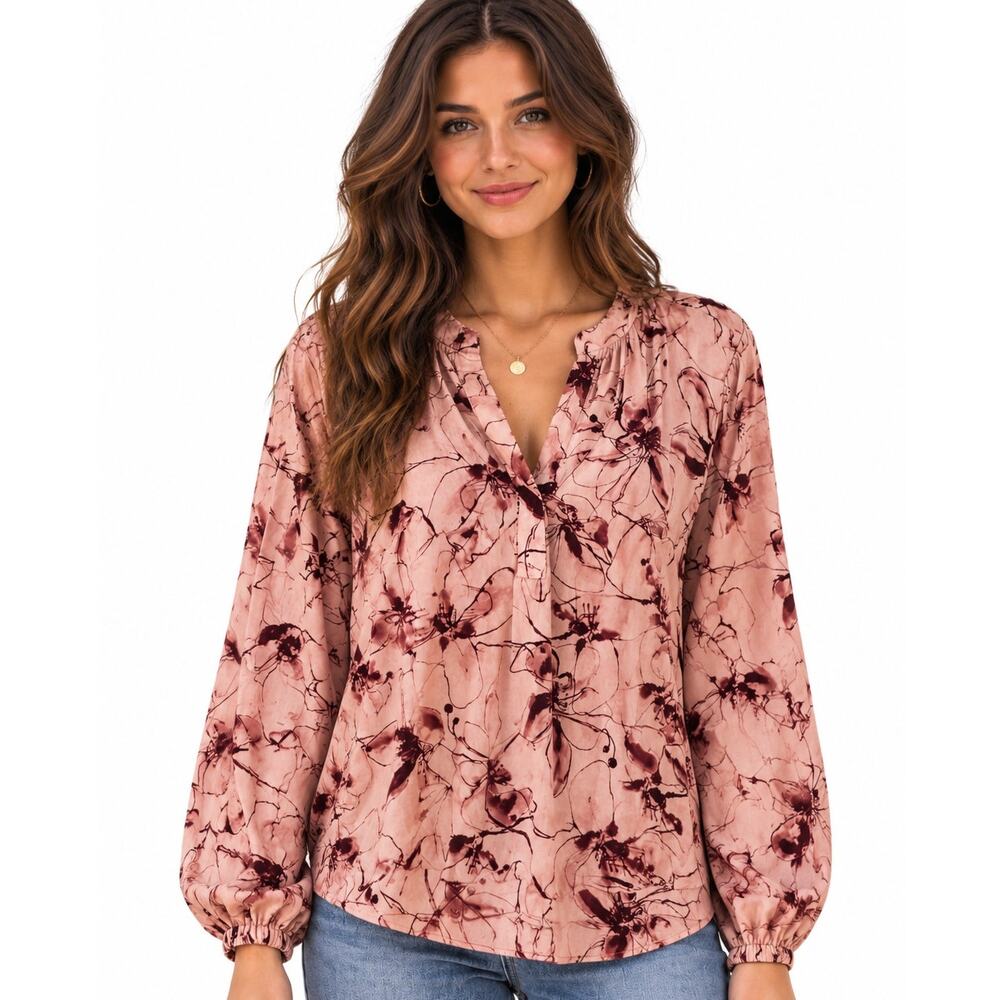 Anthropologie Pleated-Sleeve Henley Blouse Womens XL Pink Floral Boho Top